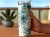 20oz Tumbler Sublimation PNG Seamless Teal Rose Floral Design, Watercolor Botanical Digital Download File, Car Coaster Included thumbnail 4