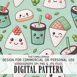 Kawaii Sushi & Boba Tea Pattern Digital Size Bundle Png thumbnail 2