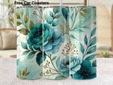 20oz Tumbler Sublimation PNG Seamless Teal Rose Floral Design, Watercolor Botanical Digital Download File, Car Coaster Included thumbnail 1