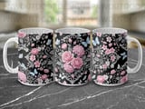 Pink Floral Butterfly Mug Sublimation Wrap 11oz 15oz, Black Background Rose Hydrangea Digital Design, Cottagecore Romantic Garden Mug Print thumbnail 10
