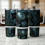 Black Panther Jungle Tumbler Wrap PNG, 40oz Sublimation Design, Distressed Seamless Digital Download, Mystical Moon Forest, Free Car Coaster thumbnail 2