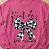 Racing Bow Sweatshirt, Its A Great Day For Racing Shirt, Checkered Bow Crewneck, Race Day Graphic Sweater, Trendy Motorsport Gift For Her thumbnail 6