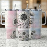 40oz Sunflower Tumbler Sublimation PNG, Distressed Watercolor Design, Tapered Seamless Digital Download, Pink Blue Floral Wrap, Car Coaster thumbnail 4
