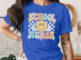 School Nurse T-Shirt: Retro Smiley Face, Checkerboard, Daisy Flowers Design thumbnail 2