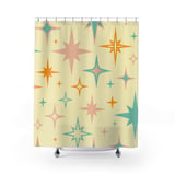 Mid Century Modern Shower Curtain, Bath Mat Retro Atomic Starburst Vintage 1950s Bathroom Decor, Pastel Boho Kitsch Stars Bath Set thumbnail 5