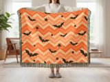 Cute Halloween Bat Chevron Woven Blanket, Soft Velveteen Throw, Spooky Stars Pillow Cover, Orange & Yellow Fall Decor thumbnail 2