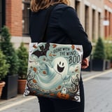Halloween Tote Bag, Ghost Tote, Autumn Leaves, Bat Kite, Cat in Pumpkin, Spooky Season, Fall Vibes, Halloween Decor, Trick or Treat Bag thumbnail 1