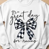 Racing Bow Sweatshirt, Its A Great Day For Racing Shirt, Checkered Bow Crewneck, Race Day Graphic Sweater, Trendy Motorsport Gift For Her thumbnail 1
