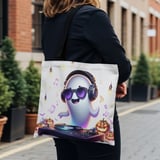 Halloween Tote Bag, Ghost DJ Tote Bag, Music Lover, Halloween Party, Pumpkin Design, Spooky Season, Cute Ghost, Fun Tote, Gift Idea thumbnail 1