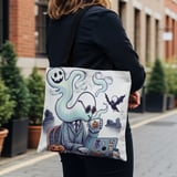 Halloween Tote Bag, Ghost at Work, Spooky Season, Computer, Bat, Gravestones, Pumpkin, Gift for Halloween, Halloween Party, Unique Tote Bag thumbnail 2