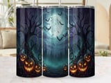 Spooky Halloween Tumbler Wrap Digital Design, Full Moon Pumpkins Bats Scary Trees 20oz Skinny Straight Tumbler PNG thumbnail 1