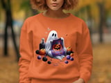 Knitting Ghost T-Shirt, Halloween Ghost Shirt, Spooky Season T-Shirt, Cute Ghost T-Shirt, Ghost and Cat Tee, Pumpkin T-Shirt thumbnail 2