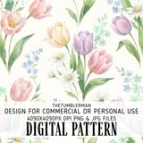 Digital Floral Pattern, Digital Bundle, Watercolor Flowers, Tulip, Daisy, Forget Me Not, Spring Flowers, Seamless Pattern, Commercial Use thumbnail 1