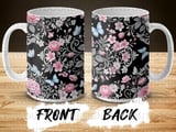 Pink Floral Butterfly Mug Sublimation Wrap 11oz 15oz, Black Background Rose Hydrangea Digital Design, Cottagecore Romantic Garden Mug Print thumbnail 9