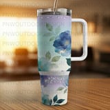 40oz Tumbler Wrap Sublimation, Seamless Tapered Digital Design, Blue Watercolor Flowers, Gold Accents, Luxury Distressed Glitter Pattern thumbnail 4