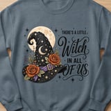 There's A Little Witch In All of Us Shirt, Celestial Witch Hat Floral Graphic Tee, Moon & Stars Halloween Sweatshirt Gift thumbnail 12