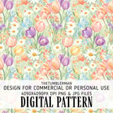 Digital Floral Pattern Bundle, Spring Flower Seamless Design, Tulip Daisy Digital Paper, Watercolor Style Fabric Design, Commercial Use thumbnail 1