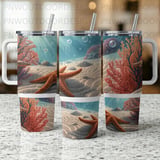 40oz Tumbler Sublimation Wrap Digital Download - Seamless Underwater Ocean Starfish Coral Distressed Tapered PNG thumbnail 5