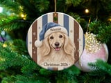 Golden Dog Christmas Ornament 2026, Cute Puppy in Blue Santa Hat Holiday Decor, Vintage Striped Pet Keepsake Gift for Dog Mom Dog Lover thumbnail 1