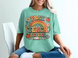 Pray Teach Repeat Teacher T-Shirt, Christian Educator Gift, Retro Groovy Faith School Tee, Boho Rainbow Teacher Apparel for Women thumbnail 2