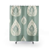 Sage Green Shower Curtain and Bath Mat, Boho Ikat Botanical Leaves Bathroom Decor, Neutral Spa Bath Set, Aesthetic Housewarming Gift thumbnail 2