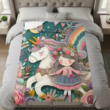 Unicorn Blanket, Pillow and Pillowcase: Floral Rainbow Girl Fantasy Decor thumbnail 3