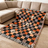 Spooky Skull Bat Stars Halloween Velveteen Blanket, Grunge Checkerboard Woven Throw, Alt Aesthetic Cozy Pillow thumbnail 12