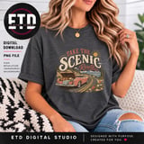Take The Scenic Route PNG Vintage Road Trip Sublimation, Retro Car Coastal Vacation Travel Graphic, Summer Mountain Adventure Clipart thumbnail 3