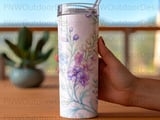 Watercolor Floral Tumbler Wrap PNG 20oz Skinny Sublimation Design | Purple Blue Delphinium Flower Seamless Digital File thumbnail 4