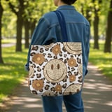 Cheetah Leopard Print Smiley Face Tote Bag & Phone Case - Retro Trendy Happy Face Daisy Flower Groovy Gift thumbnail 2