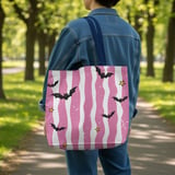 Distressed Pink Stripe Bat Phone Case | Spooky Cute Goth Kawaii Bat Pattern Tote Bag | Y2K Aesthetic Gift thumbnail 2