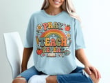 Pray Teach Repeat Teacher T-Shirt, Christian Educator Gift, Retro Groovy Faith School Tee, Boho Rainbow Teacher Apparel for Women thumbnail 9