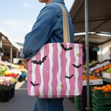 Distressed Pink Stripe Bat Phone Case | Spooky Cute Goth Kawaii Bat Pattern Tote Bag | Y2K Aesthetic Gift thumbnail 4