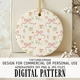 Digital Floral Pattern, Seamless Watercolor Teacup and Macarons, Pink Bows, Flower Illustration, Digital Bundle Pattern for Commercial Use thumbnail 3