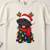 Black Pug Dog Santa Hat Reindeer Antlers Red Scarf Christmas Lights Standard T-Shirts thumbnail 5