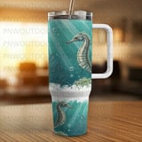 40oz Tumbler Sublimation Wrap Digital Seahorse Ocean Design, Seamless Underwater Marine Life Skinny Tapered Tumbler PNG thumbnail 4