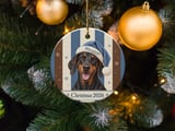Doberman Christmas Ornament 2026, Cute Dog Holiday Keepsake, Blue Santa Hat Pet Lover Gift, Rustic Tree Decor, Black and Tan Dog Mom Gift thumbnail 3