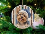 Yorkie Christmas Ornament 2026, Cute Yorkshire Terrier Xmas Decor, Dog Mom Holiday Keepsake, Blue Santa Hat Pet Lover Tree Decoration thumbnail 1