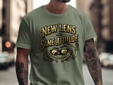 New Lens Same Attitude T-Shirt: Gold Glitter Script, Sunglasses Eye Vision Quote thumbnail 6