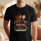 Sailing Halloween Witch At The Helm Crewneck Sweatshirts Nautical Ocean Ship Wheel Graphic thumbnail 12