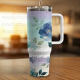 40oz Tumbler Wrap Sublimation, Seamless Tapered Digital Design, Blue Watercolor Flowers, Gold Accents, Luxury Distressed Glitter Pattern thumbnail 6