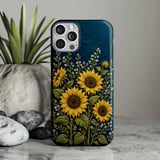 Sunflower Tough Phone Case, Embroidered Effect Botanical Floral Cover, Cottagecore Navy Wildflower Phone Case, Vintage Nature Lover Gift thumbnail 1
