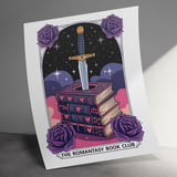 Romantasy Book Club Poster, Sword and Books, Book Lover Gift, Fantasy Art, Purple Roses, Magical Illustration, Readers Gift, Wall Decor thumbnail 1