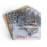 Grand Wagoneer Corkwood Coaster Set, Merry Christmas The Waggy, Snowy Winter Car Coasters, Car Lover Gift, Gift for Wagoneer Fan thumbnail 1