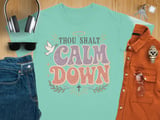 Thou Shalt Calm Down Christian T-Shirt, Retro Groovy Faith Tee, Vintage Dove Cross Shirt, Inspirational Peaceful Spiritual Gift for Her thumbnail 2