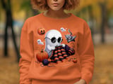 Knitting Ghost T-Shirt, Halloween Ghost Shirt, Spooky Cute Tee, Funny Ghost Design, Ghost with Cat and Pumpkin, Fall Season T Shirt thumbnail 5