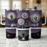 40oz Dandelion Tumbler Sublimation PNG, Distressed Seamless Tapered Wrap, Purple Floral Digital Design, Magical Dandelion Instant Download thumbnail 2