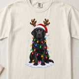 Black Labrador Retriever Christmas Dog Reindeer Antlers Santa Hat Holiday Lights Graphic Standard T-Shirts thumbnail 5