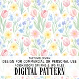 Digital Flower Pattern, Floral Digital Paper, Spring Flowers, Watercolor Flowers, Tulips, Daisies, Forget Me Nots, Digital Bundle Pattern thumbnail 1