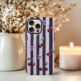 Dark Coquette Cherry Tough Phone Case, Lilac Purple Striped Bow Phone Cover, Gothic Ribbon Cherry Pattern Aesthetic Gift For Her thumbnail 4